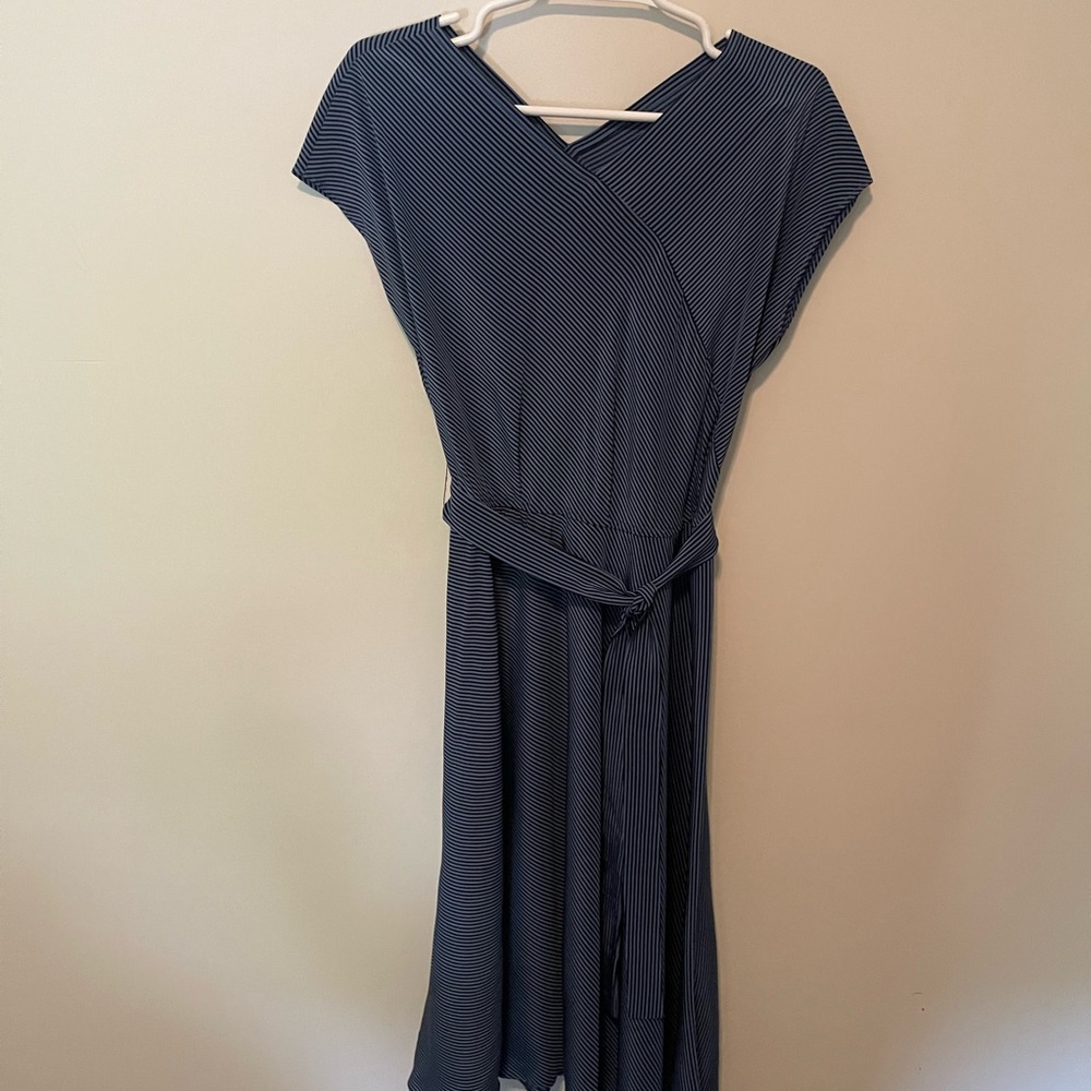 Vintage The Silk Farm Sz 10 100% Silk Blue Striped Belted Midi A-Line Dress